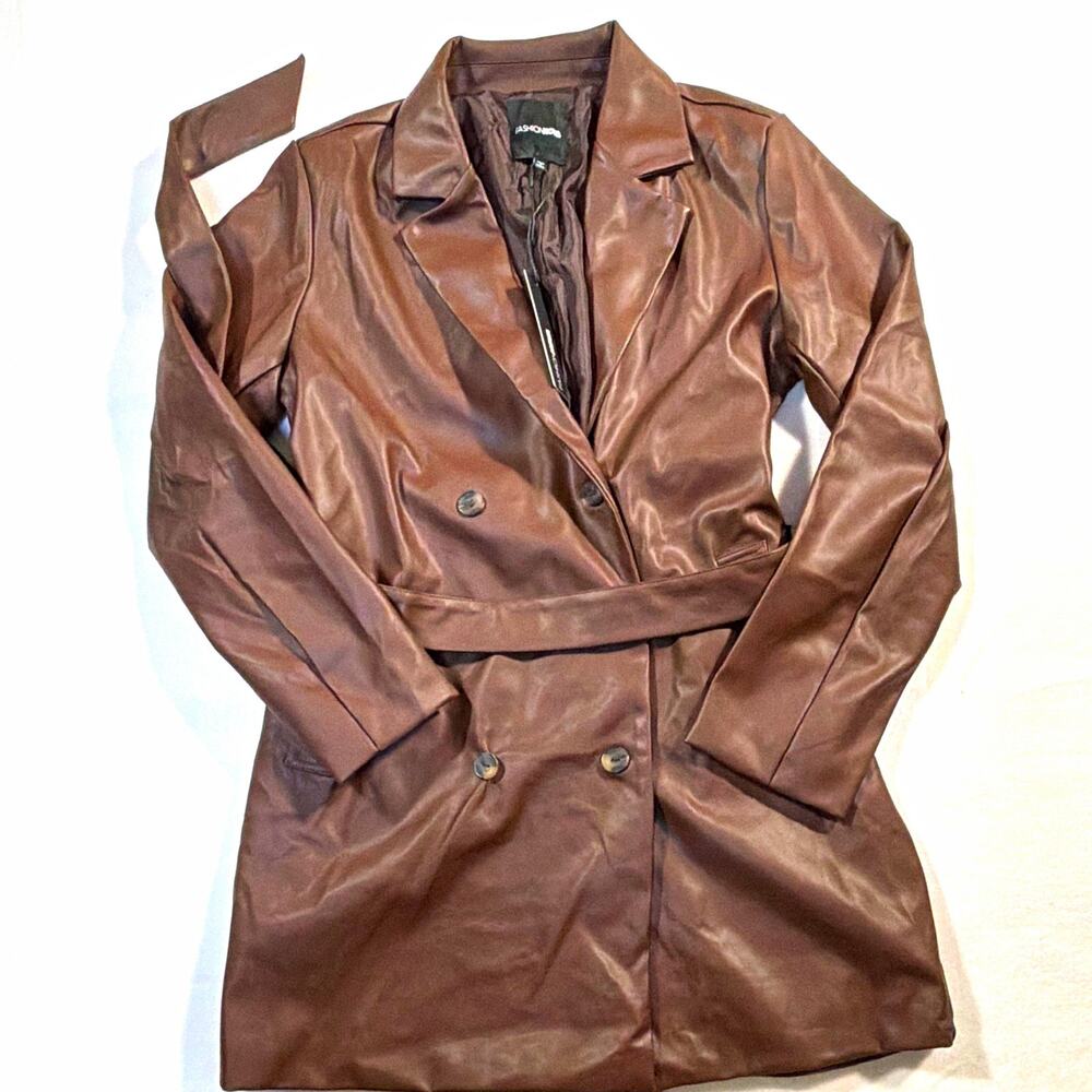 Fashion Nova Women’s L Brown Faux Leather Trench Coat Belted Double Breasted NWT
